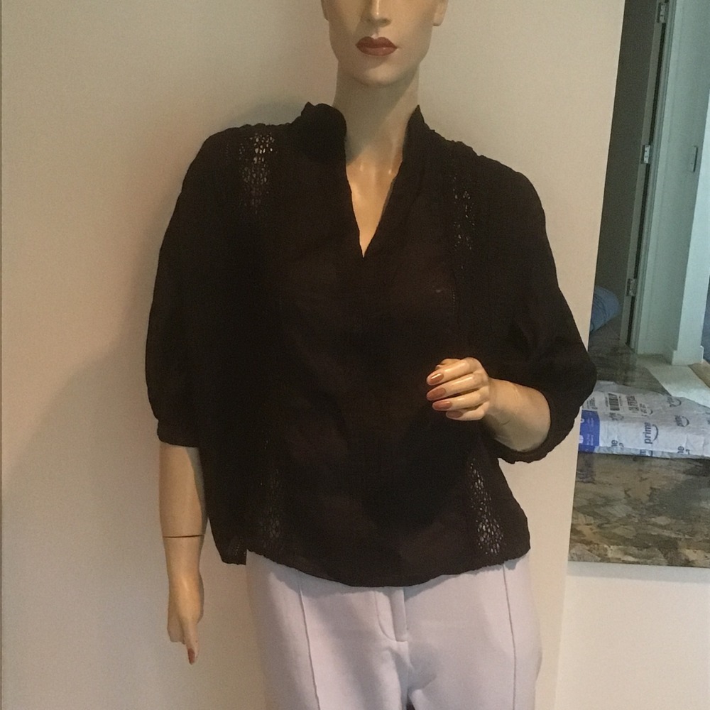 FRAME Black Cali Lace Inset‎ Puff Sleeve V-Neck Blouse Top XS Boho Ruffle Collar